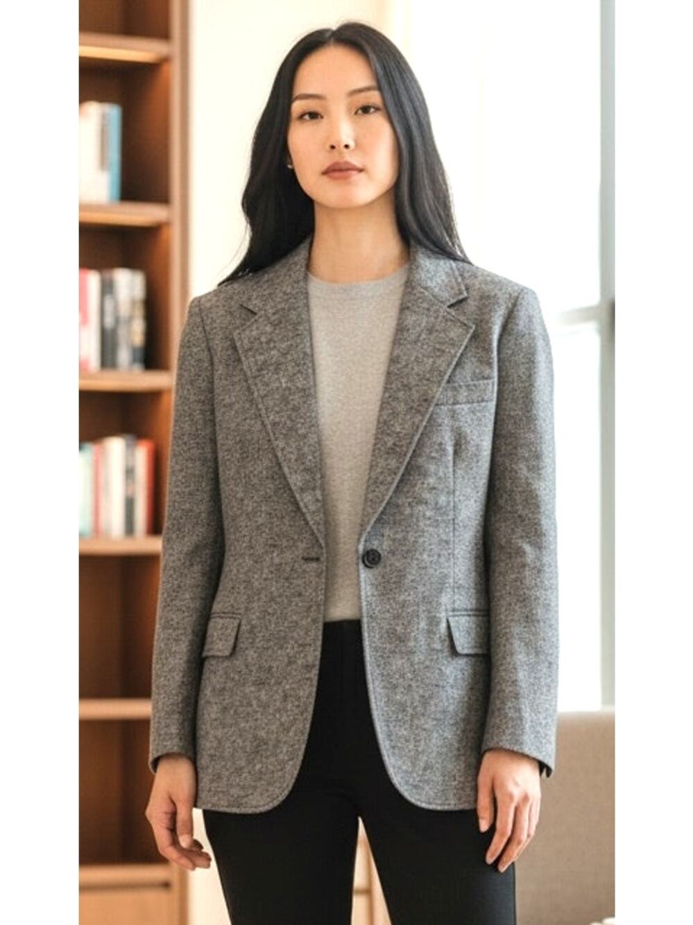 Lafayette 148 New York Wool Blazer Jacket Charcoal Gray Single Button Size 10